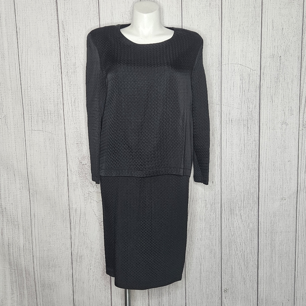 Vintage 80s Hino & Malee Black Quilted Wool Blend Skirt Set, Top (M) Skirt (L)